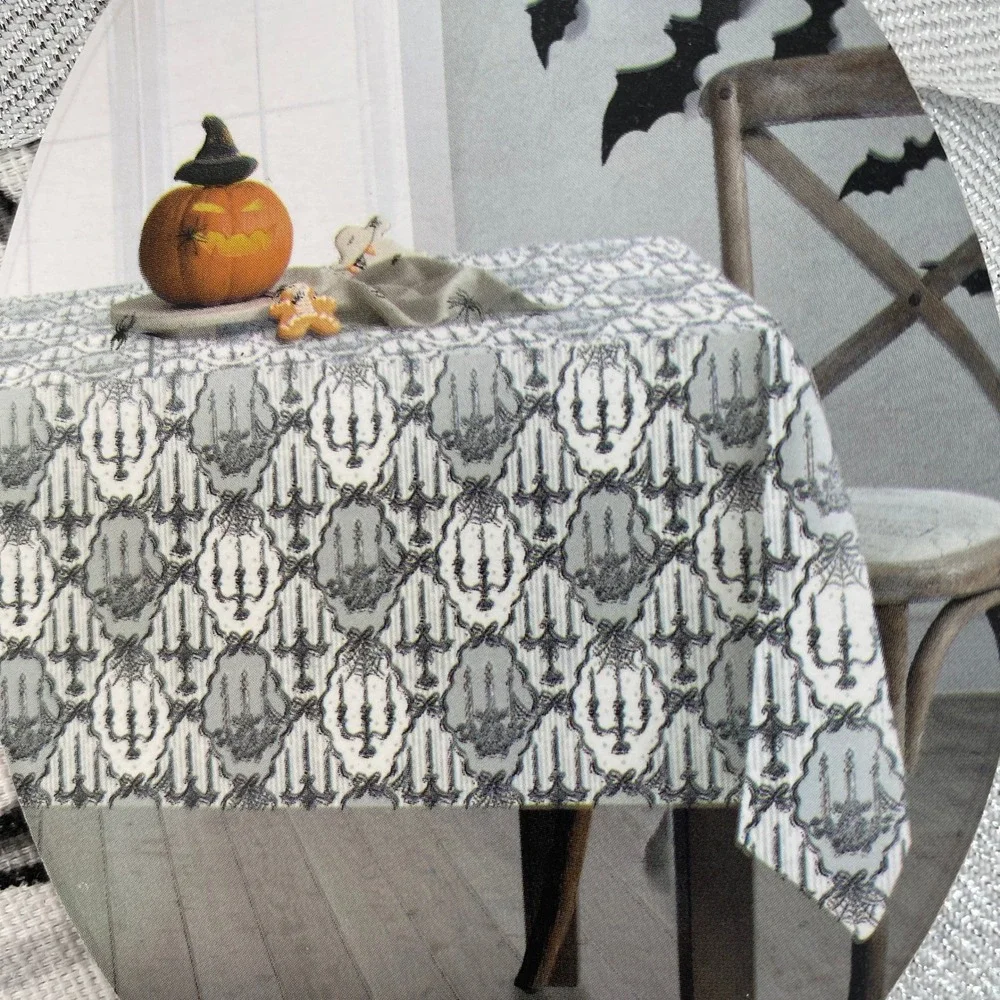 Madame Bones Tablecloth Halloween 60x120 Oblong Grey Gothic Skull Candelabra